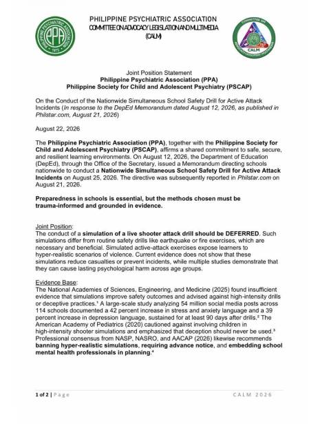 Joint Position Statement of Philippine Psychiatric Association (PPA) and Philippine Society for Child and Adolescent Psychiatry (PSCAP)